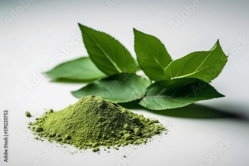 Green matcha tea powder on white background. Floral background. generative ai,