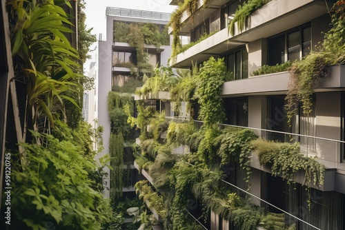 ecological city covered with plants and greenery, generative ai