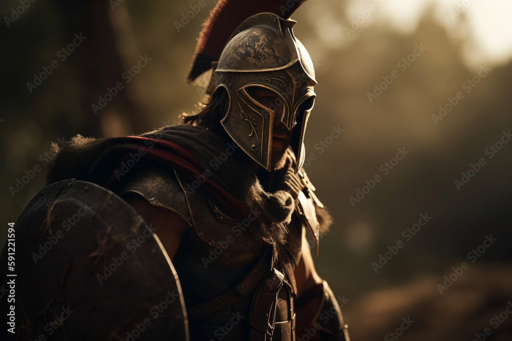 Portrait of a Spartan warrior in armor with a shield and a Corinthian helmet. Ancient Greek warrior. ai generated Portrait of a Spartan warrior in armor with a shield and a Corinthian helmet. Ancient Greek warrior. ai generated