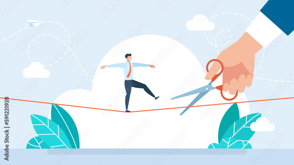 Business risk. Businessman tries to cross a balanced obstacle on a rope. His opponent cut it with scissors want him to fall down. Competition, an obstacle to success. Flat style. Vector illustration Business risk. Businessman tries to cross a balanced obstacle on a rope. His opponent cut it with scissors want him to fall down. Competition, an obstacle to success. Flat style. Vector illustration
