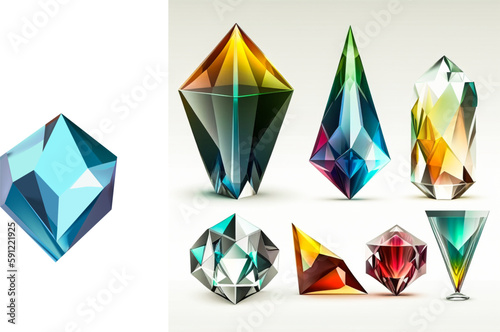 Glass shiny crystals with different shades reflecting light.A collection of images of diamonds of various geometric shapes, colors and sizes.Vector realistic set of glow gemstone or colorful ice.
