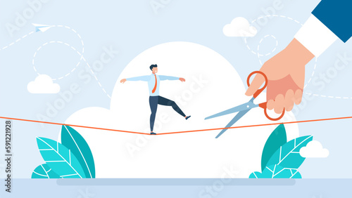Business risk. Businessman tries to cross a balanced obstacle on a rope. His opponent cut it with scissors want him to fall down. Competition, an obstacle to success. Flat style. Vector illustration
