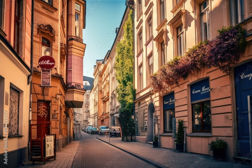 Surprisingly cozy streets of Berlin with a lot of greenery AI - obrazy, fototapety, plakaty 