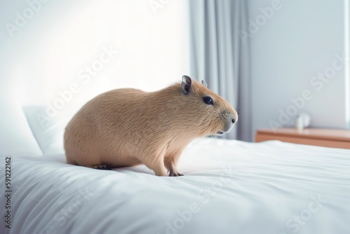 capybara sitting on white bed at home, generative ai