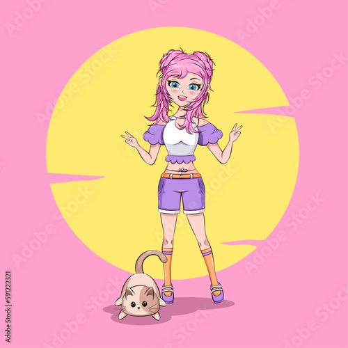 Cartoon anime girl with cute little kitten