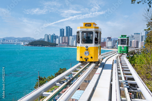 Obraz na płótnie sky capsule train running on seaside railway tracks in Busan, Korea. It is a destination for tourists to sit and enjoy the view. w salonie