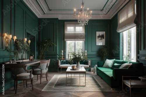 Beautiful and fashionable interior in shades of green in a classic style © Terablete