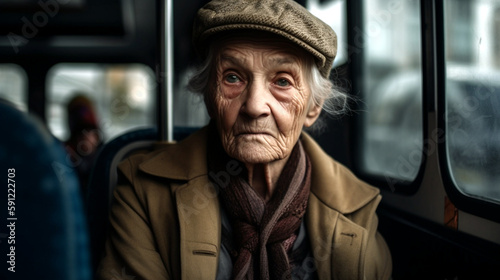 A close-up documentary portrait of an old woman on a bus, captured at eye level during the afternoon, Created with generative Ai Technology.  © Roberto