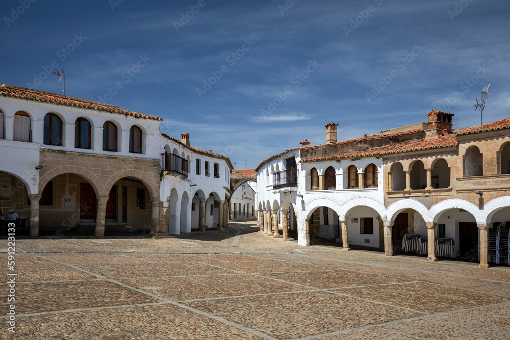 Monumental and porticoed Plaza Mayor declared a National Monument of Garrovillas in the province of Cáceres, Spain