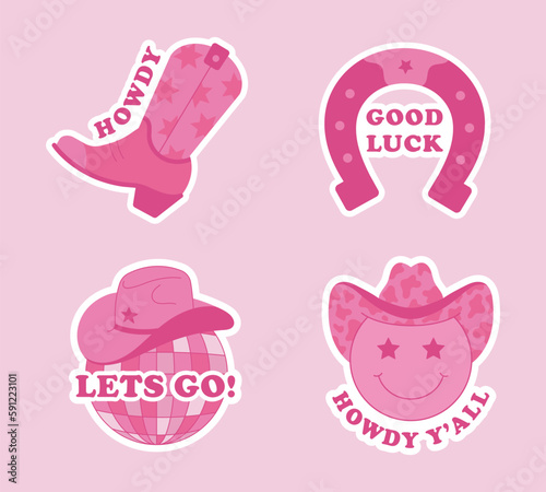 Set of pink stickers wild west theme. Cowgirl illustrations, cowboy hat, horseshoe, boot with and disco ball lettering