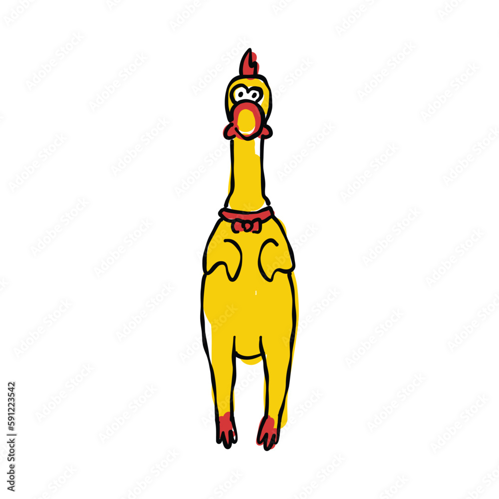 Vetor de rubber chicken toy doodle icon, vector color line illustration