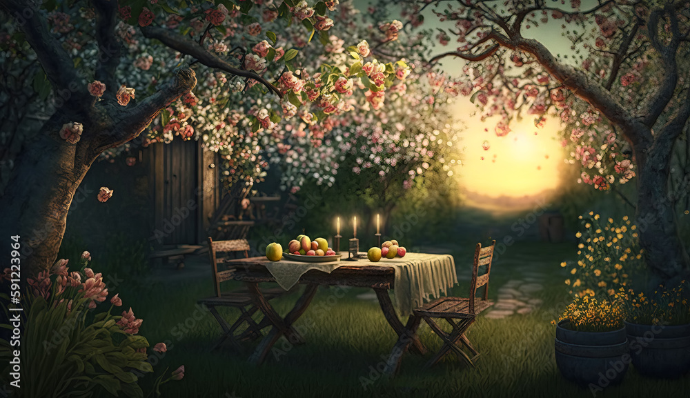 Magic blooming garden with table and candles at sunset. Golden hour. Digital artwork.