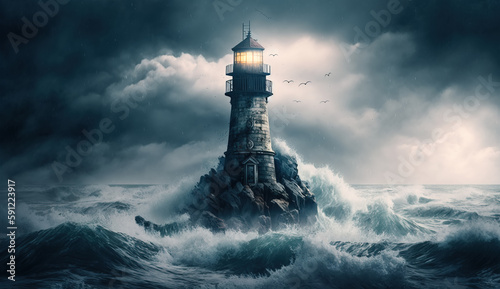 Mysterious haunted lighthouse in a stormy ocean on a tiny rocky island.