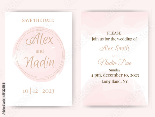 Wedding invitation template with watercolor pink background. 