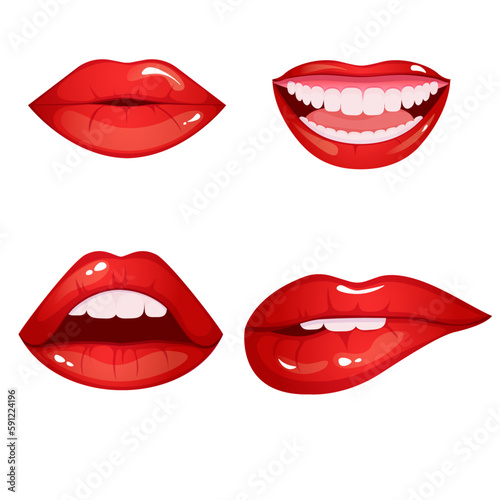 Cartoon style woman red lips set. Vector illustration.