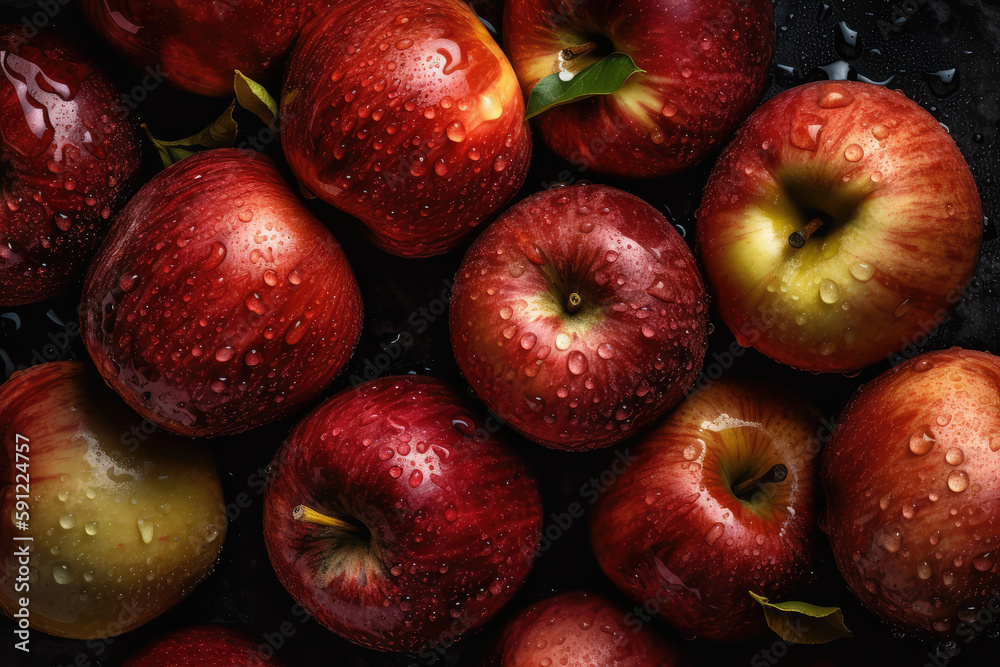 Fresh gala apples with water splash on black background, topdown fruit photography, professional food photography, health and organic concept, AI generated Fresh gala apples with water splash on black background, topdown fruit photography, professional food photography, health and organic concept, AI generated