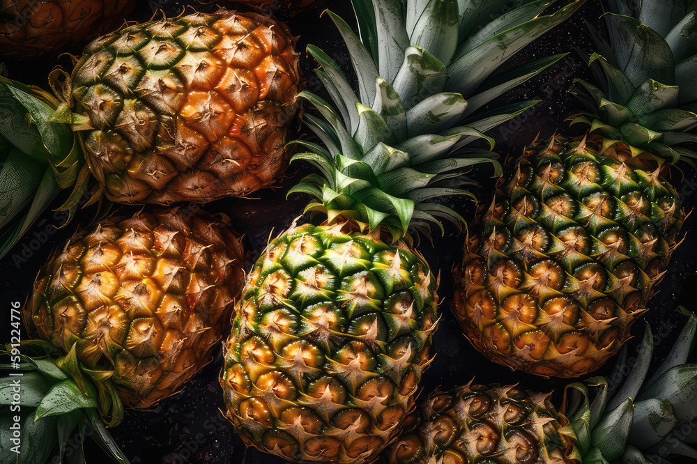 Fresh whole pineapples with water droplet on black background, topdown fruit photography, professional food photography, health and organic concept, AI generated