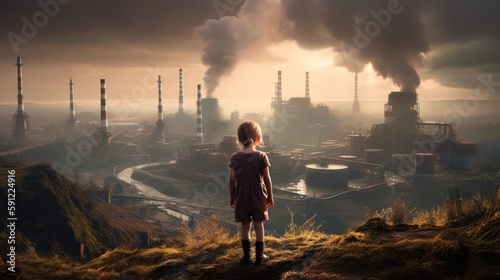 Raising environmental awareness: Child on mountain top sees the effects of pollution, generative ai