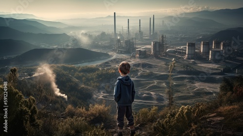 The impact of urbanization on nature  Child on mountain top overlooking polluted city  generative ai