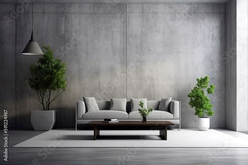 Concrete wall background gives the lounge and living room an industrial yet modern look, Generative AI