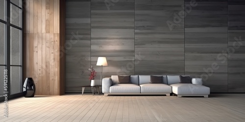 A modern loft interior design mockup of an empty living room with a wooden wall texture background, Generative AI