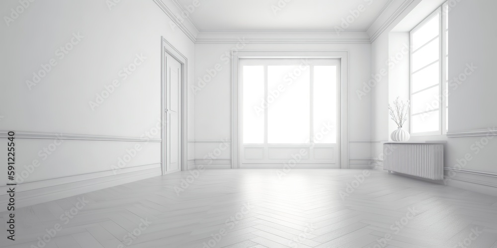 The empty living room interior is enhanced with a white wall, Generative AI The empty living room interior is enhanced with a white wall, Generative AI