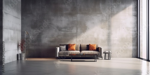 An interior design idea that showcases a living room with an industrial and chic concrete wall texture background, Generative AI