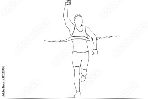 A runner reaches the finish line while holding his fists up. Finish line one-line drawing