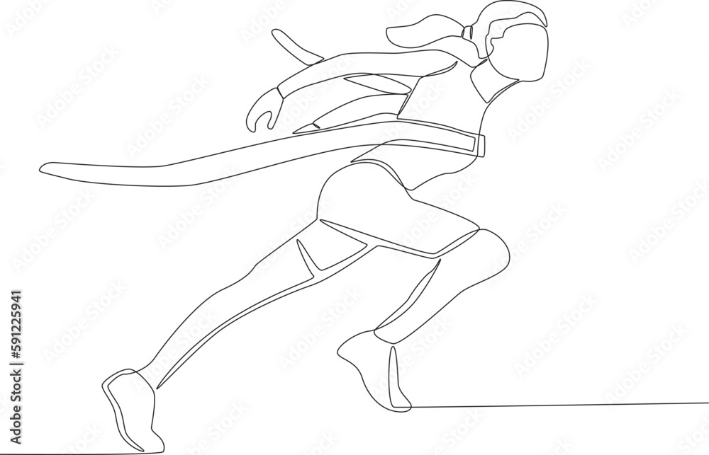 A woman ran at full speed through the finish line. Finish line one-line drawing A woman ran at full speed through the finish line. Finish line one-line drawing