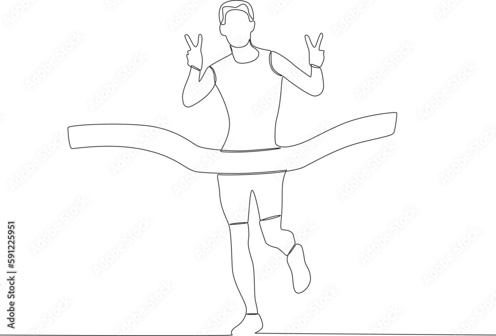 An athlete reaches the finish line while posing with two fingers. Finish line one-line drawing