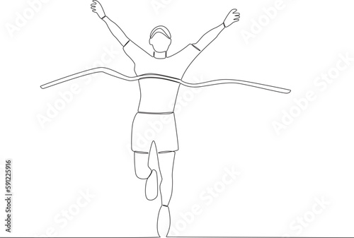 A track athlete wins first place in a running race. Finish line one-line drawing