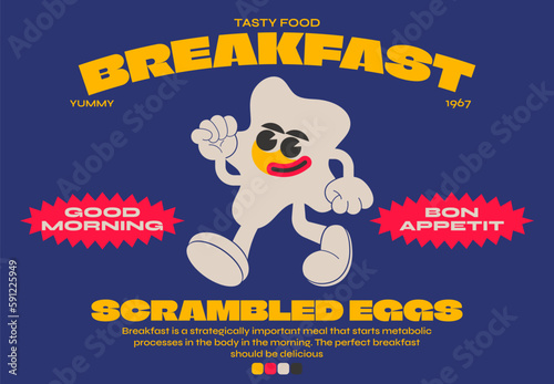 Cartoon characters retro scrambled eggs 90s. Trandy poster. funny colorful doodles in hippie style. Vector groovy illustration with typography