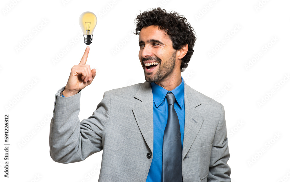 Young businessman having the solution isolated on white Young businessman having the solution isolated on white