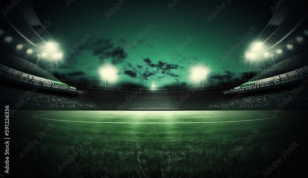 stadium evening match on the green grass field, Generative AI - obrazy, fototapety, plakaty 
