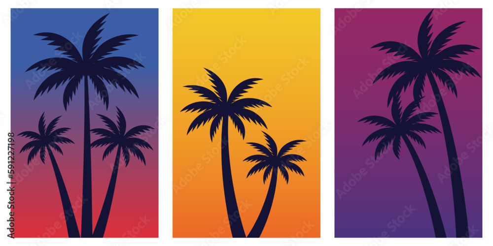 Vector set of colorful gradient tropical backgrounds with palm trees. Summer poster,flyers template.Vector illustration