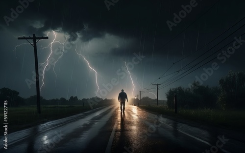 person walking in the rain towards a storm heavy lightning