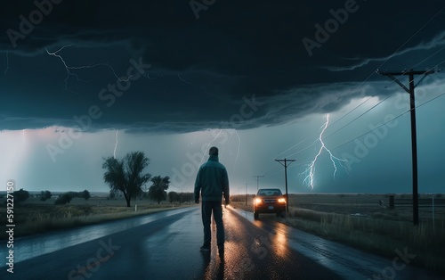 person walking in the rain towards a storm  heavy lightning © Bruno