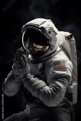 An astronaut in outer space to pray to the Lord. Cosmonaut with his hands folded in front of his face in prayer