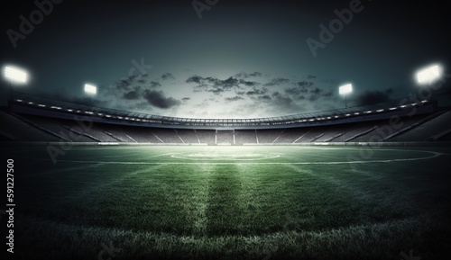 stadium evening match on the green grass field, Generative AI photo
