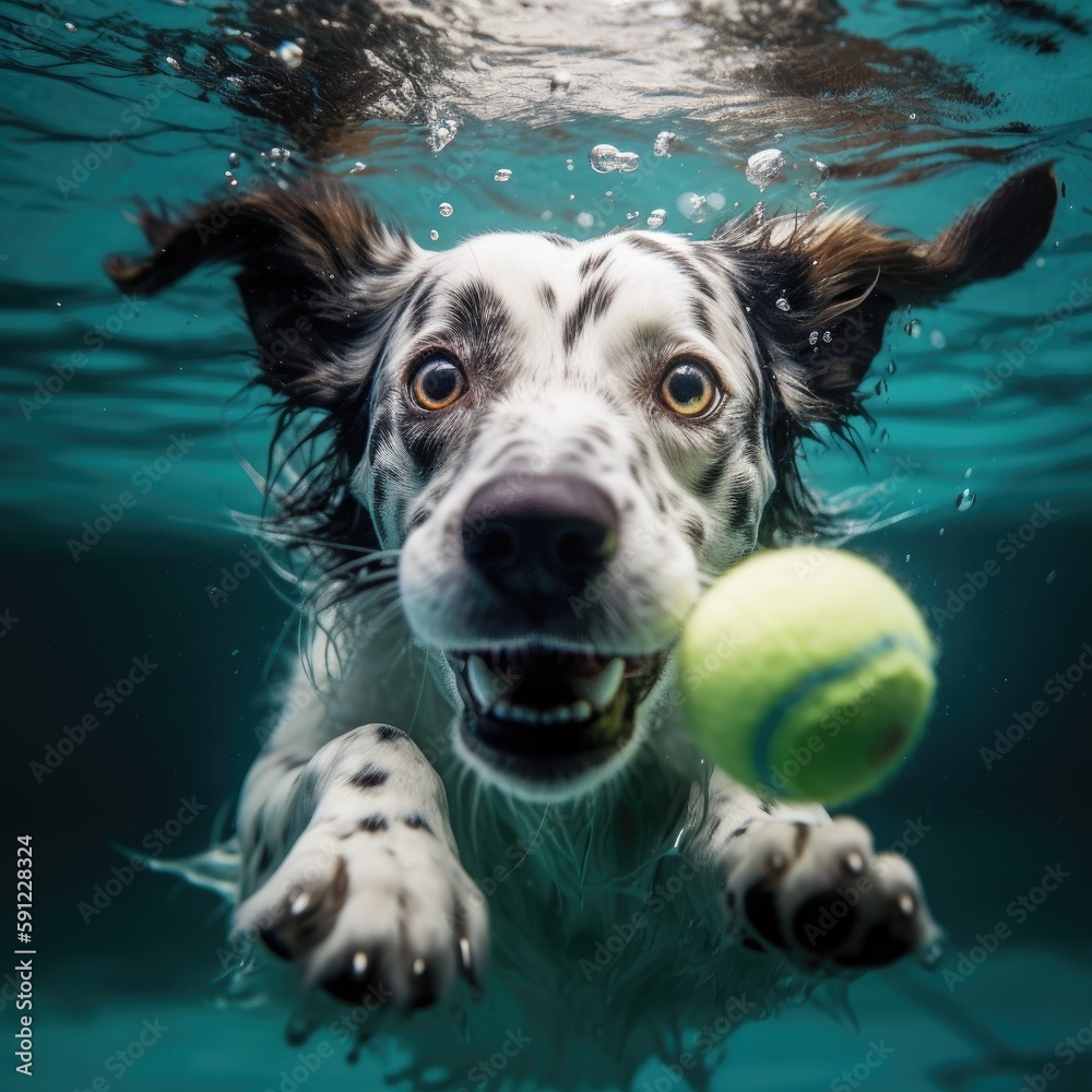 Image of a dog underwater trying to catch a ball - generative ai