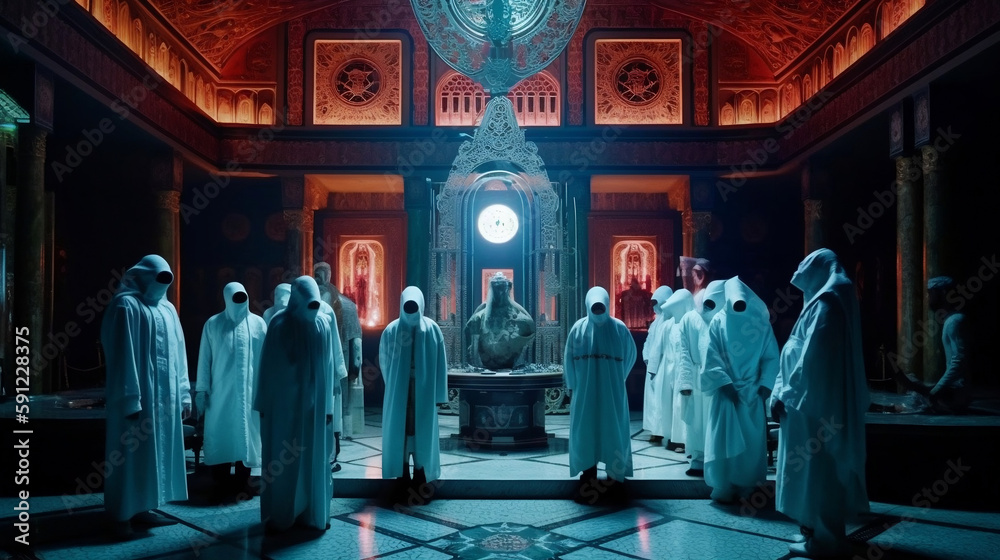 Film still of a cryptic congregation of Illuminati. Created with ...