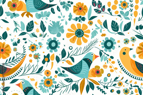 Trendy flower and bird seamless flat pattern  green and yellow flora and bird pattern