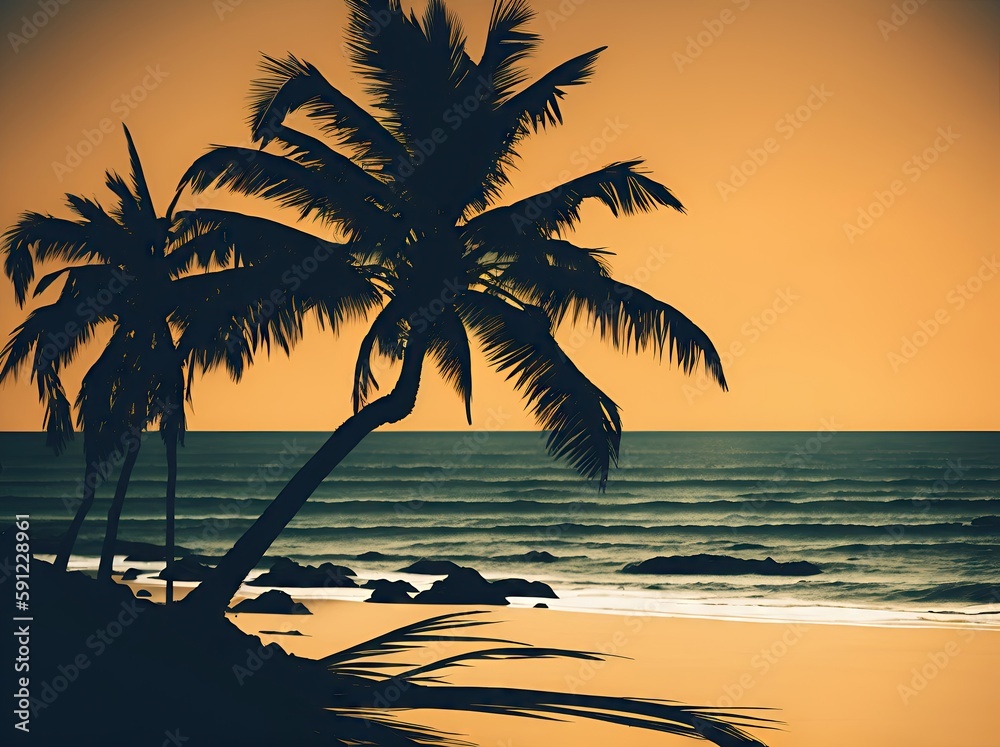 Silhouette palm tree with sun sand and beach. ai generative