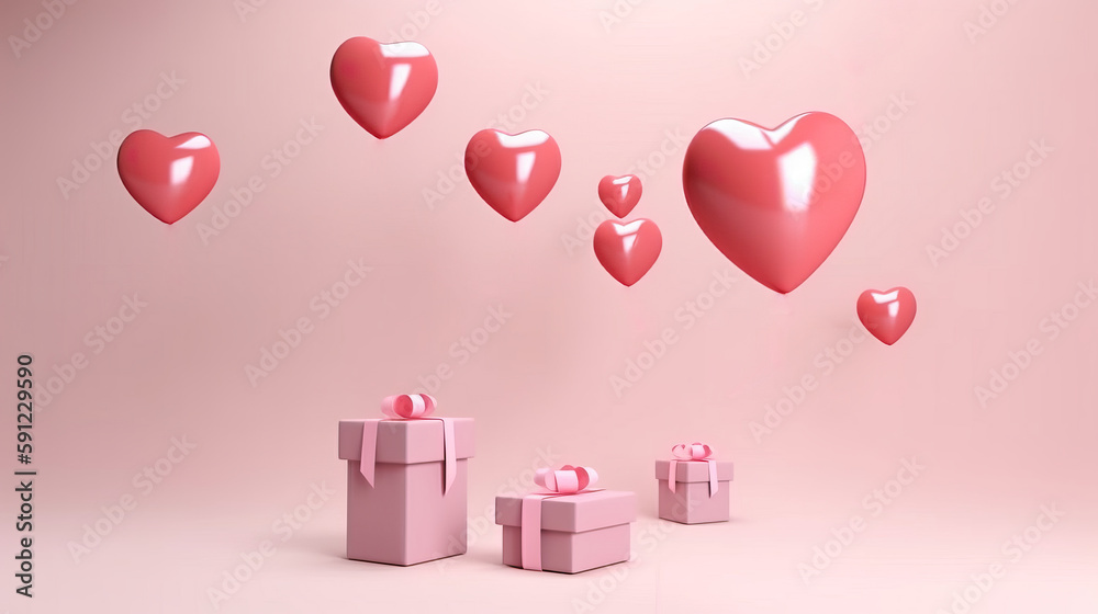 3d Red Heart Shaped Balloons Flying and Pink Gift Boxes on Light Background. Love concept for Happy Mother's Day and Valentine's Day.