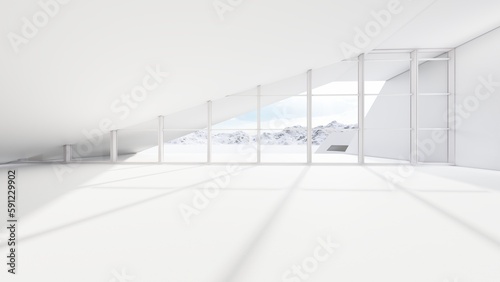 Architecture interior background white room with panoramic window 3d render