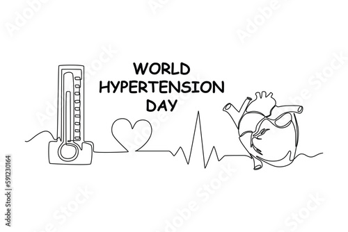 Continuous one-line drawing sphygmomanometer connect to heart. World hypertension day concept single line draws design graphic vector illustration 