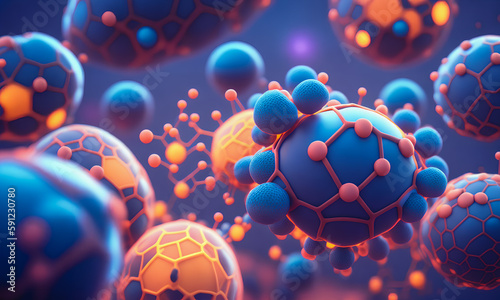 Complex chemical structures in vibrant colors, atoms, modern styling, new technologies, future. Generative AI