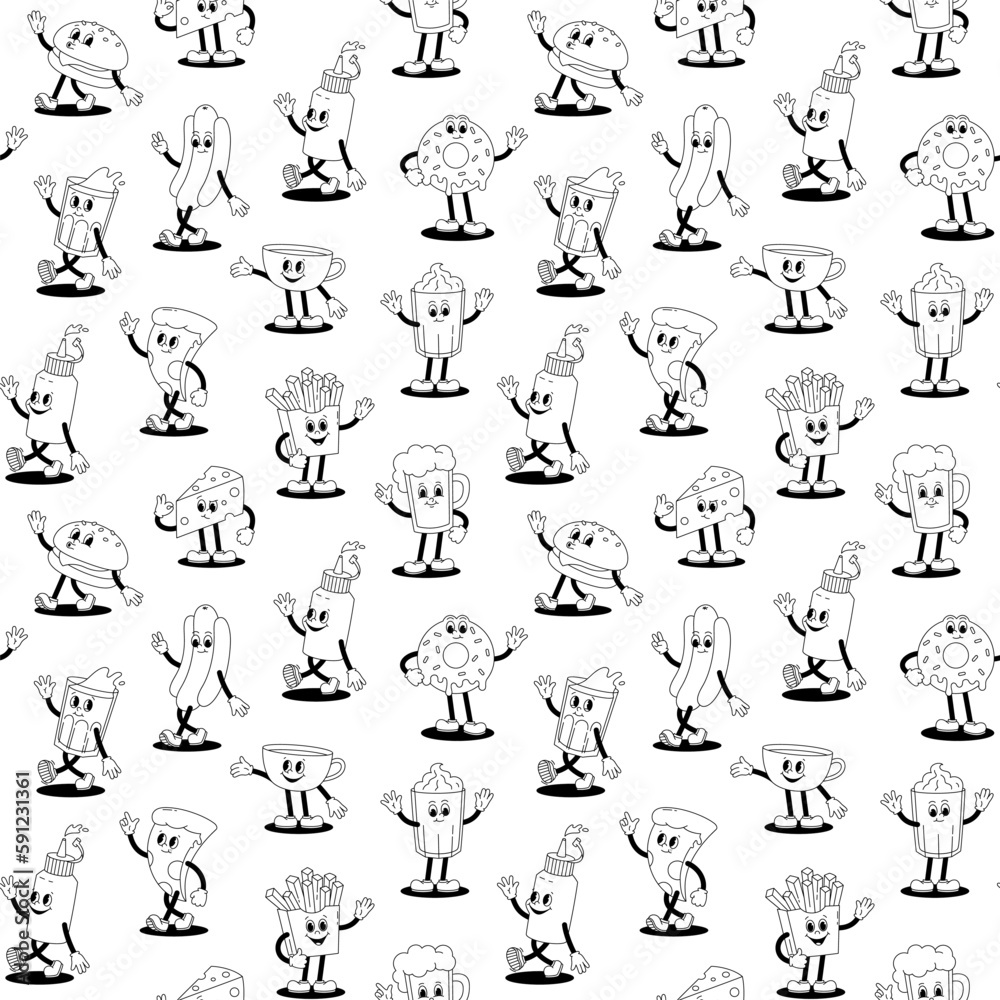 Vector seamless pattern with cartoon retro mascots monochrome illustration walking street food on white background. Vintage style 30s, 40s, 50s old animation.