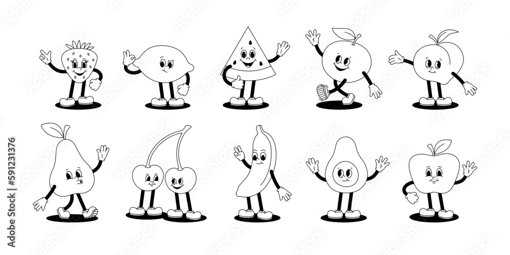 Vector set of cartoon retro mascots monochrome illustrations of walking fruits and berries. Vintage style 30s, 40s, 50s old animation. The clipart is isolated on a white background.