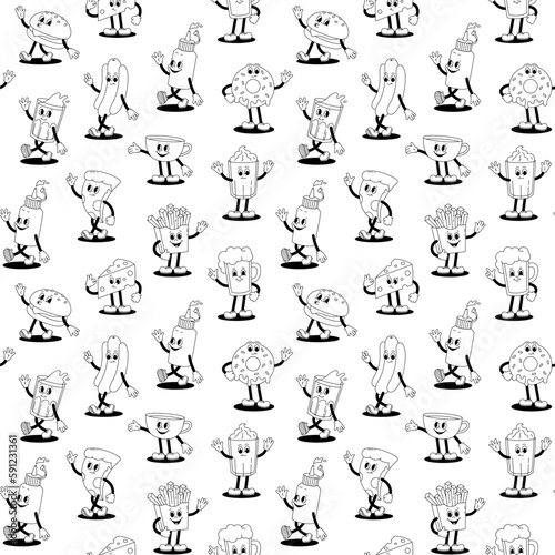 Vector seamless pattern with cartoon retro mascots monochrome illustration walking street food on white background. Vintage style 30s, 40s, 50s old animation.